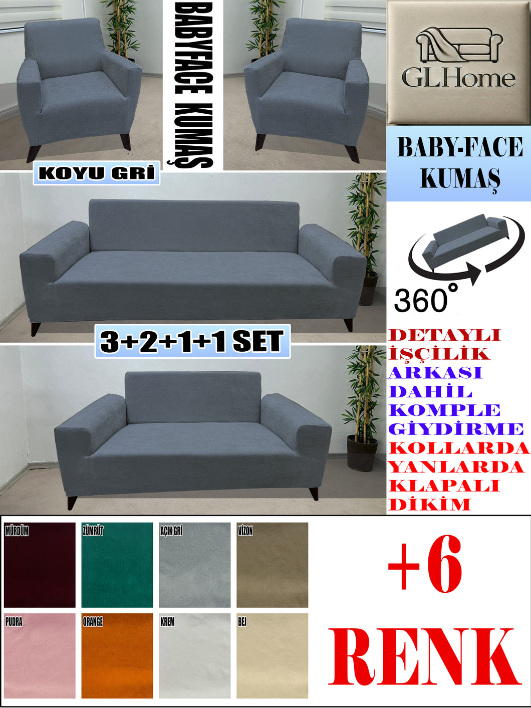Baby Face  Kumaş Koyu Gri 3+2+1+1 Set Komple Giydirme Kanepe & Çekyat, Bohem, vb Model Koltuk Kılıfları