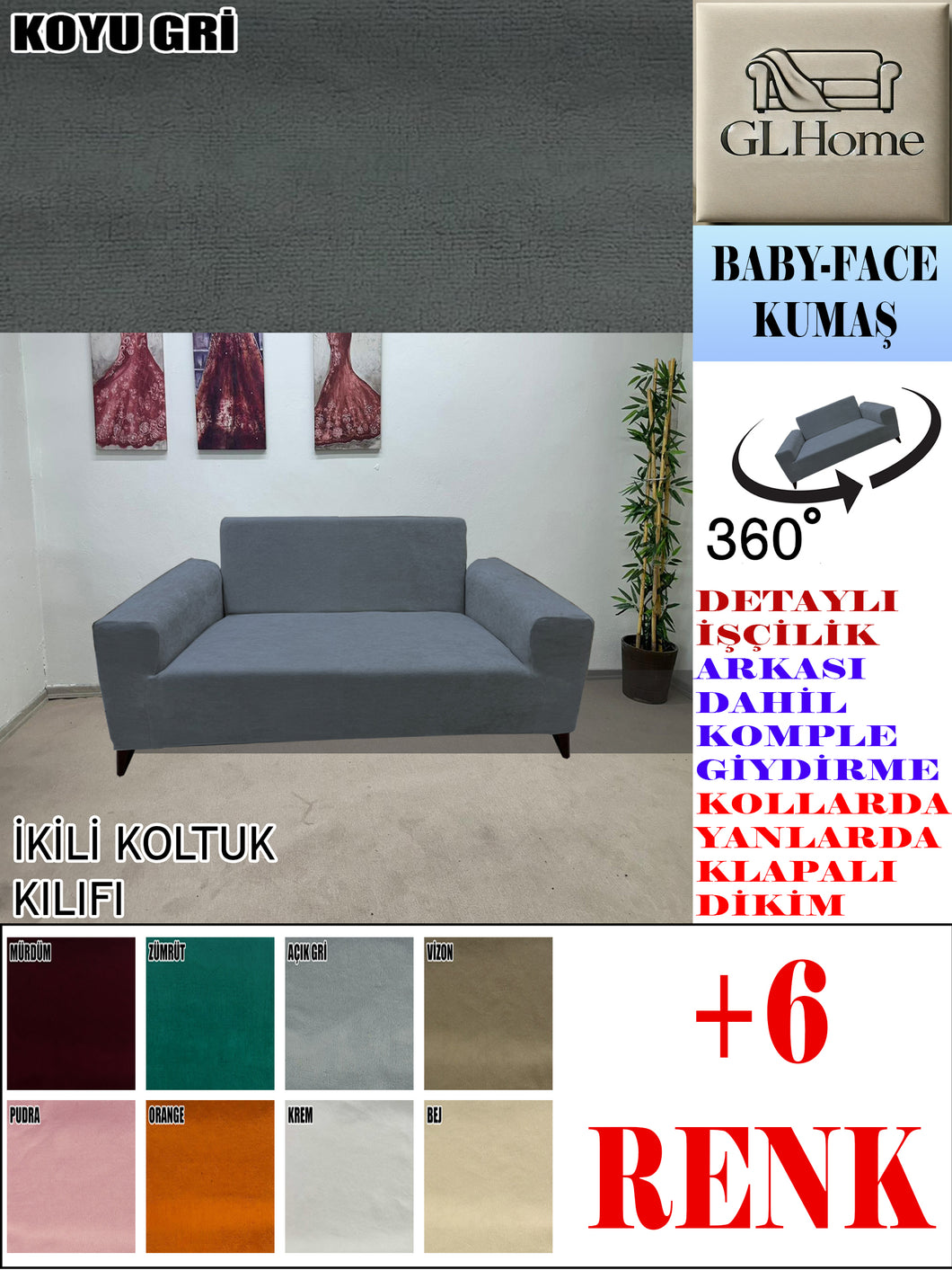 Baby Face  Kumaş Koyu Gri Çift Kişilik Komple Giydirme Kanepe, Bohem, vb Model Koltuk Kılıfları