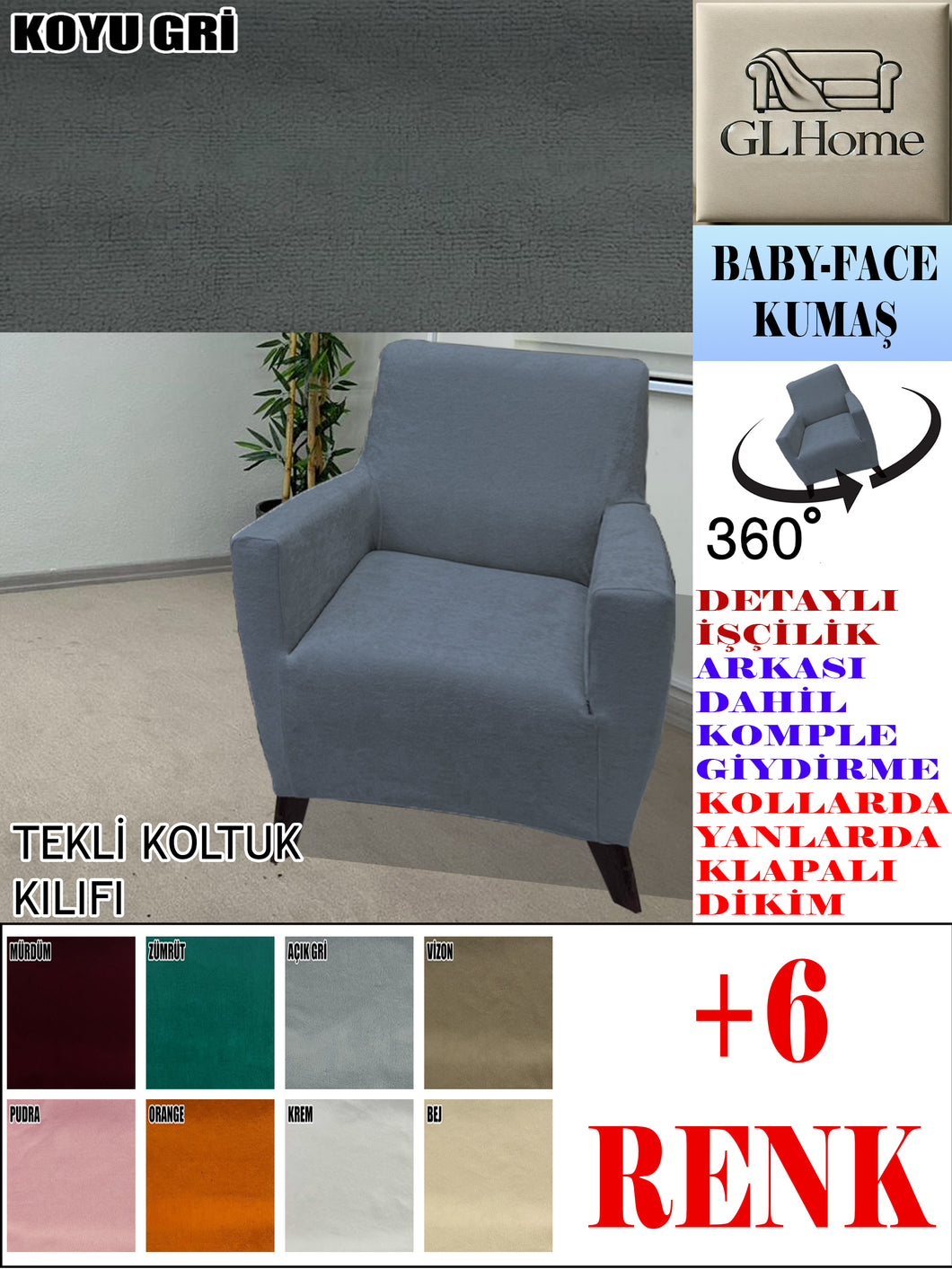 Baby Face Kumaş Koyu GriTekli Komple Giydirme Tekli & Berjer, Bohem, vb Model Koltuk Kılıfları