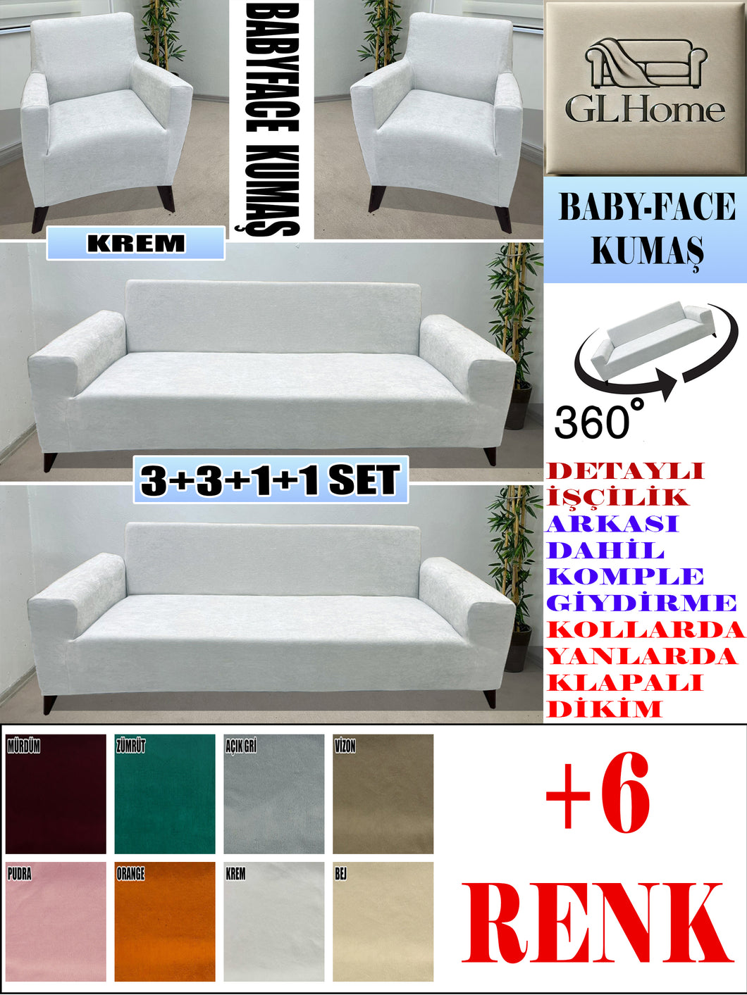 Baby Face  Kumaş Krem 3+3+1+1 Set Komple Giydirme Kanepe & Çekyat, Bohem, vb Model Koltuk Kılıfları