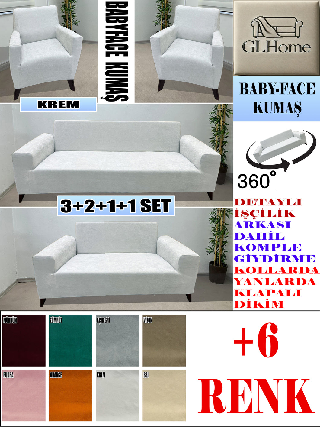 Baby Face  Kumaş Krem 3+2+1+1 Set Komple Giydirme Kanepe & Çekyat, Bohem, vb Model Koltuk Kılıfları