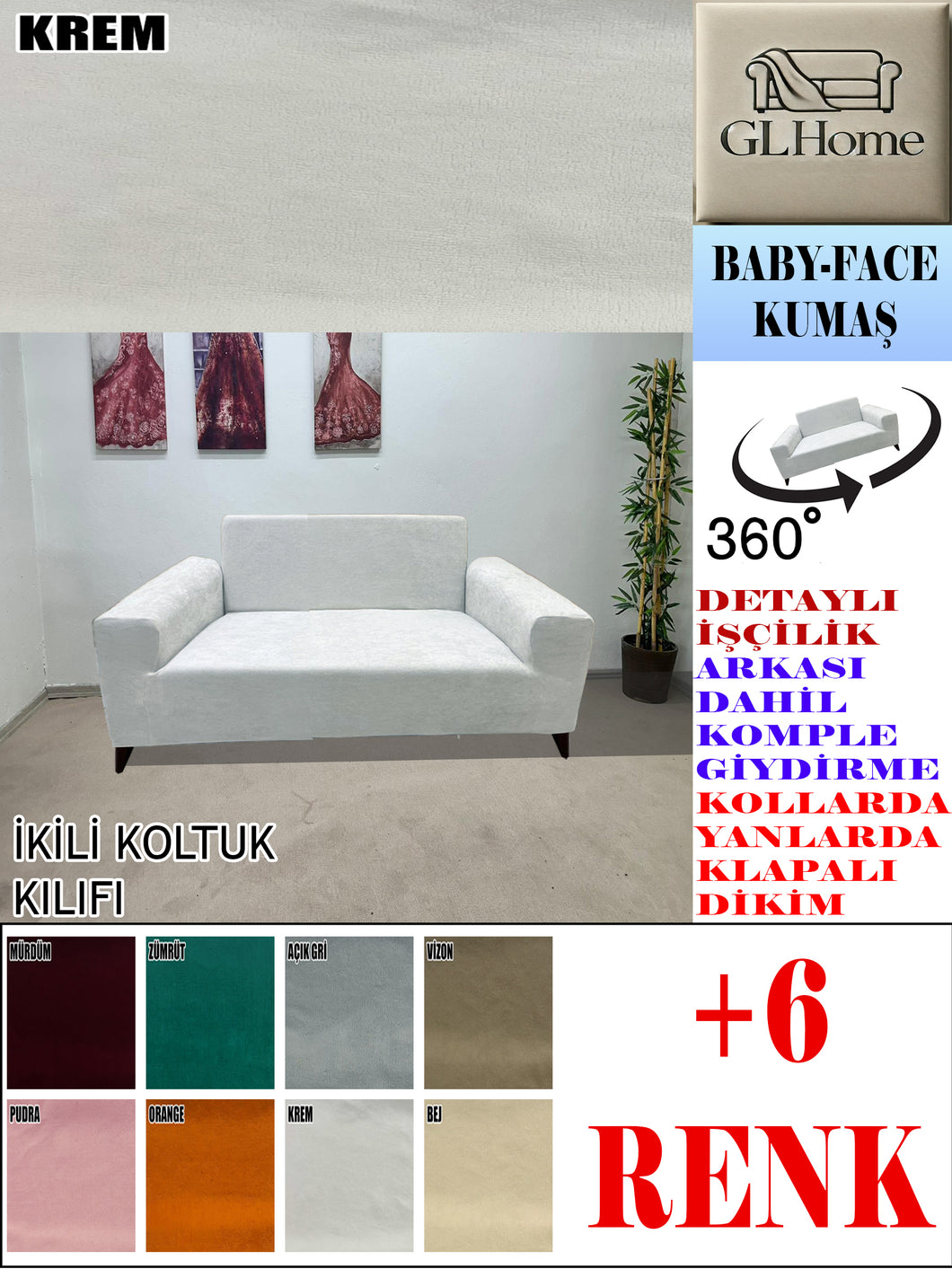 Baby Face  Kumaş Krem Çift Kişilik Komple Giydirme Kanepe, Bohem, vb Model Koltuk Kılıfları