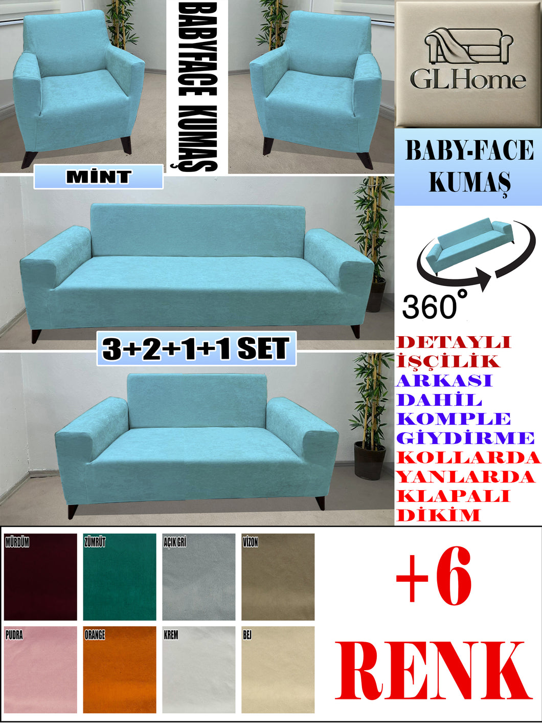 Baby Face  Kumaş Mint 3+2+1+1 Set Komple Giydirme Kanepe & Çekyat, Bohem, vb Model Koltuk Kılıfları