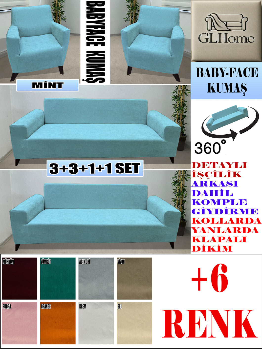 Baby Face  Kumaş Mint 3+3+1+1 Set Komple Giydirme Kanepe & Çekyat, Bohem, vb Model Koltuk Kılıfları