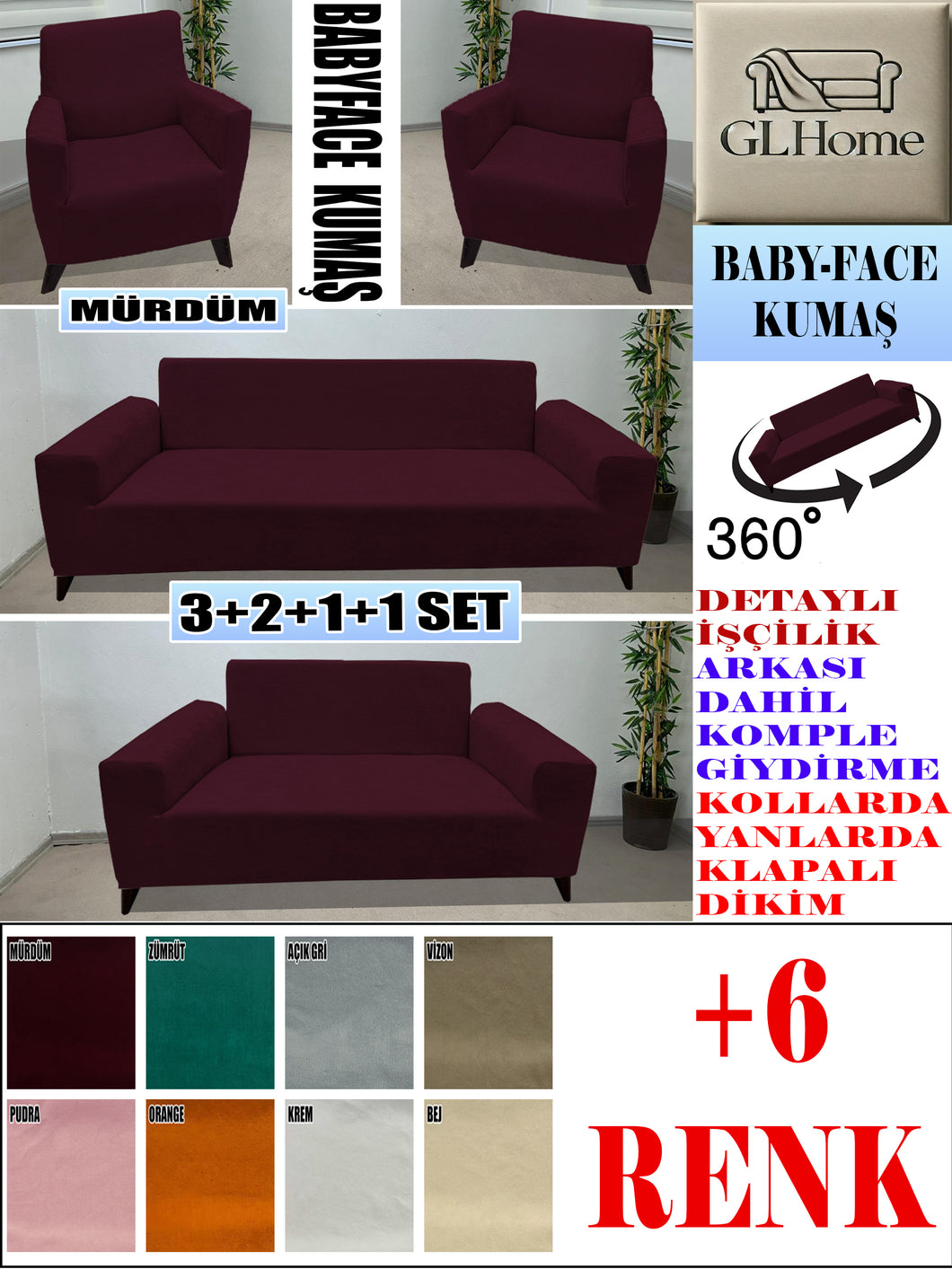 Baby Face  Kumaş Mürdüm 3+2+1+1 Set Komple Giydirme Kanepe & Çekyat, Bohem, vb Model Koltuk Kılıfları