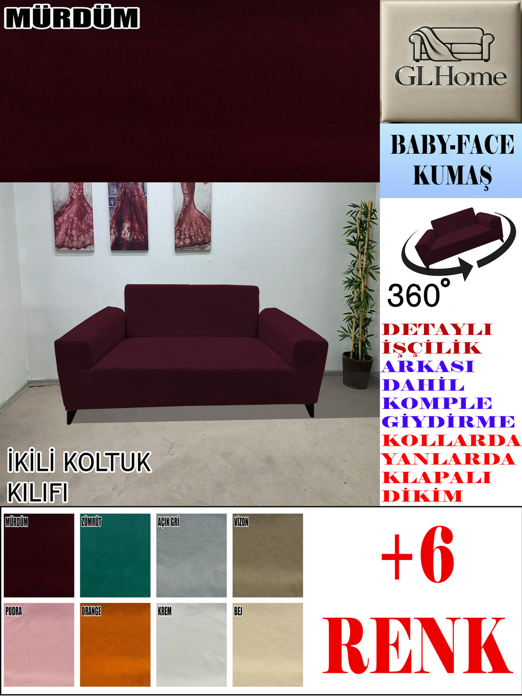Baby Face  Kumaş Mürdüm Çift Kişilik Komple Giydirme Kanepe, Bohem, vb Model Koltuk Kılıfları