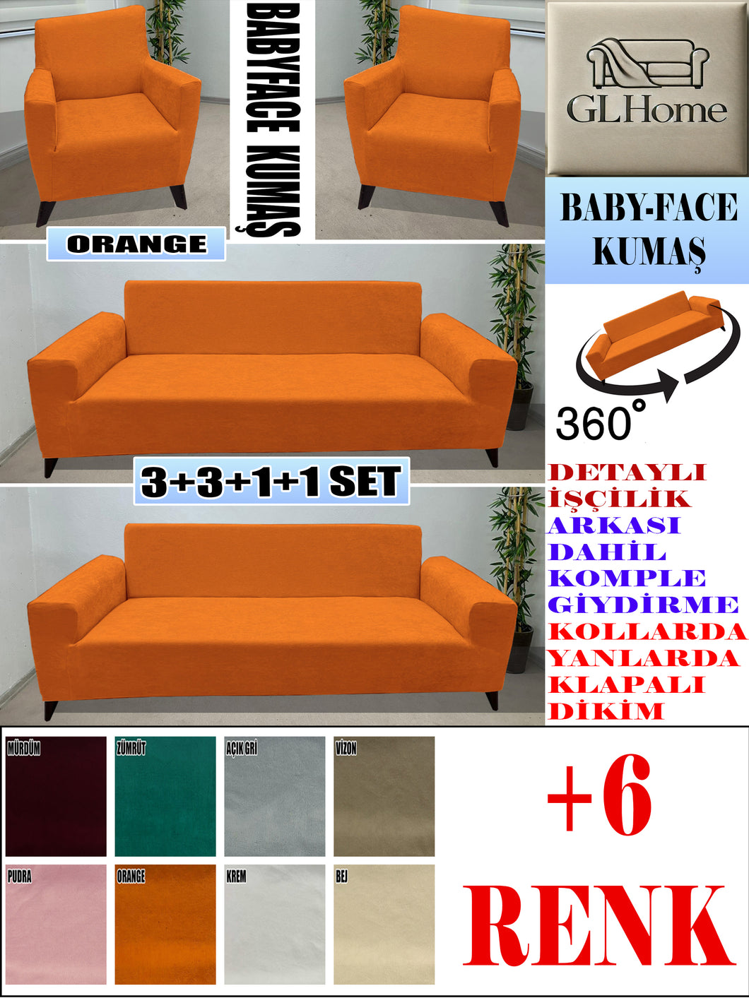 Baby Face  Kumaş Orange 3+3+1+1 Set Komple Giydirme Kanepe & Çekyat, Bohem, vb Model Koltuk Kılıfları