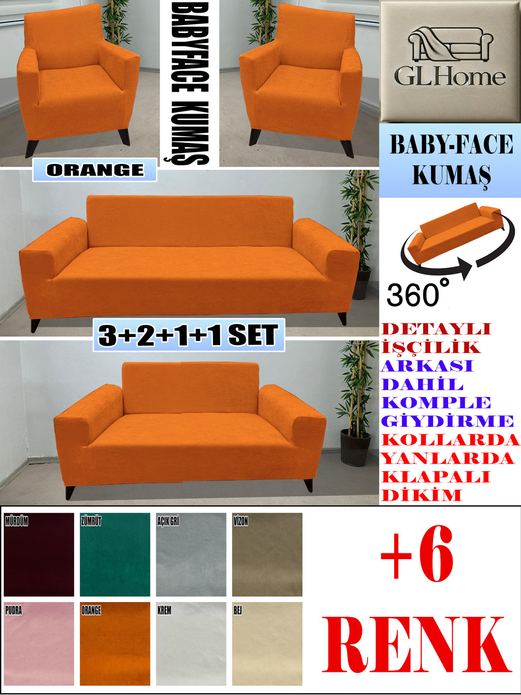 Baby Face  Kumaş Orange 3+2+1+1 Set Komple Giydirme Kanepe & Çekyat, Bohem, vb Model Koltuk Kılıfları