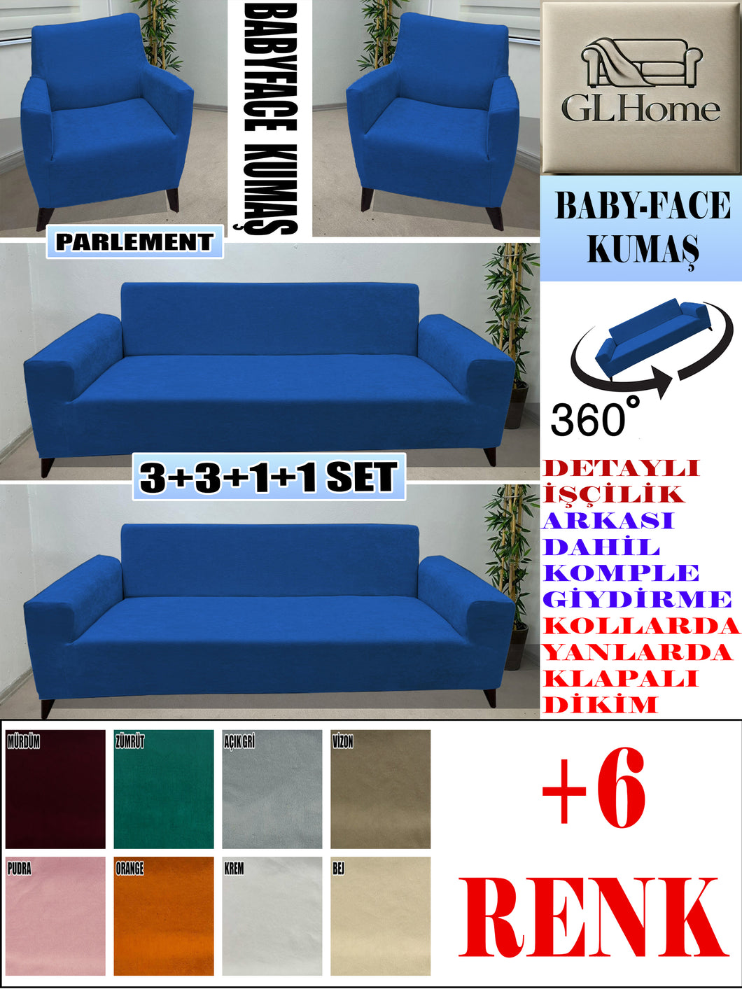 Baby Face  Kumaş Parlement 3+3+1+1 Set Komple Giydirme Kanepe & Çekyat, Bohem, vb Model Koltuk Kılıfları