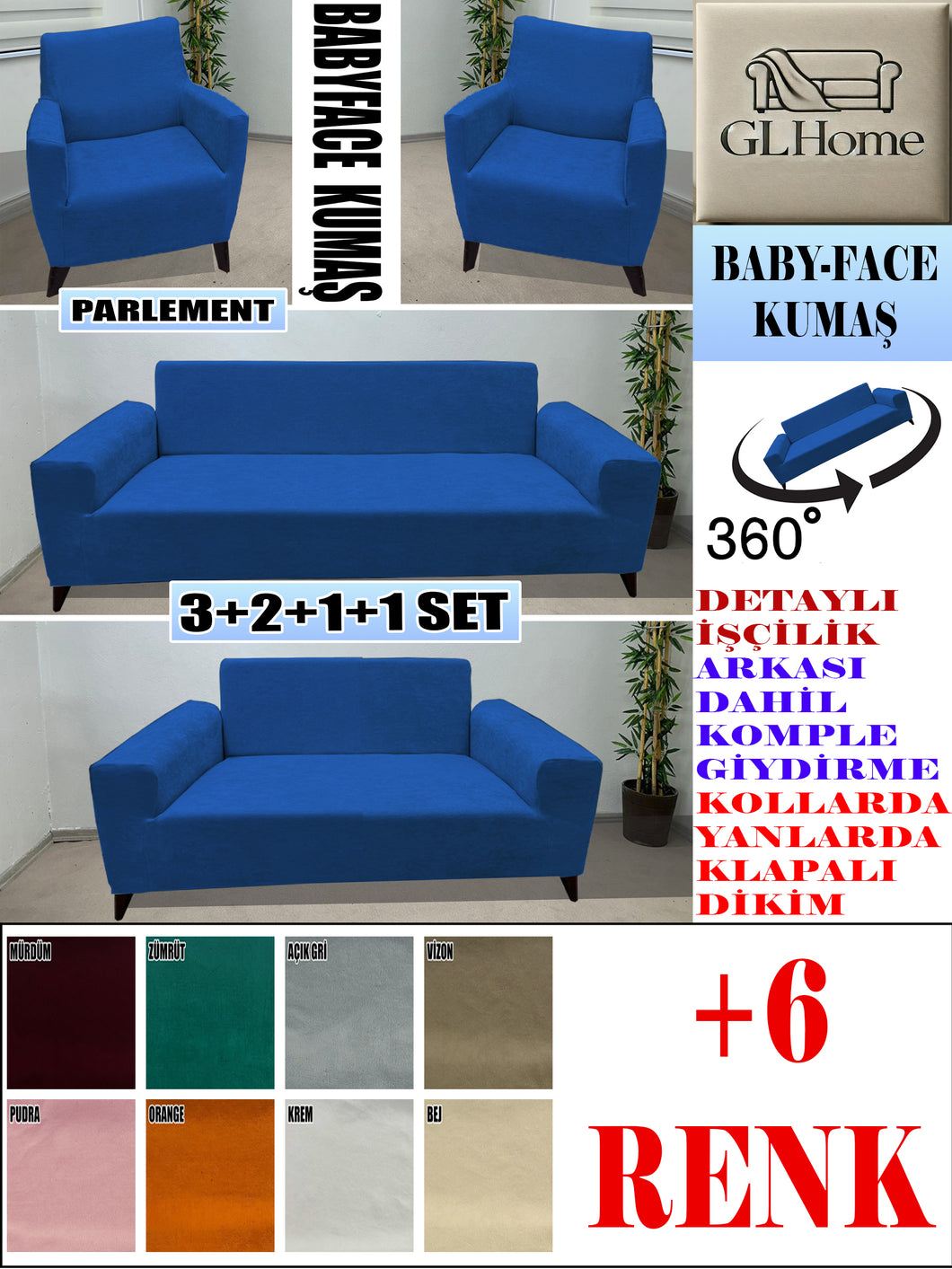 Baby Face  Kumaş Parlement 3+2+1+1 Set Komple Giydirme Kanepe & Çekyat, Bohem, vb Model Koltuk Kılıfları