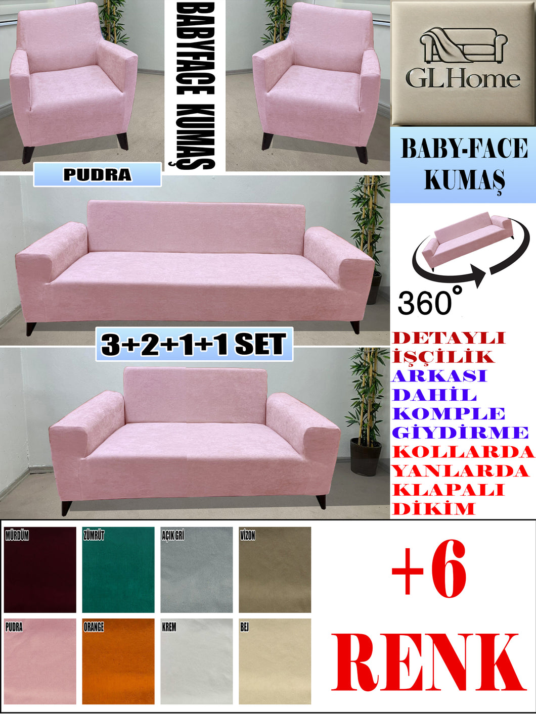 Baby Face  Kumaş Pudra 3+2+1+1 Set Komple Giydirme Kanepe & Çekyat, Bohem, vb Model Koltuk Kılıfları