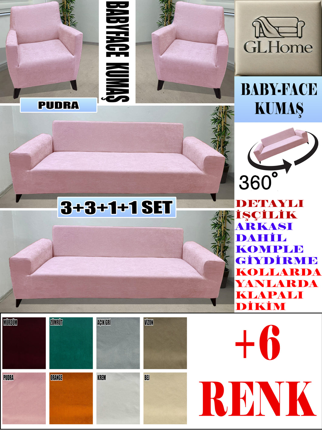 Baby Face  Kumaş Pudra 3+3+1+1 Set Komple Giydirme Kanepe & Çekyat, Bohem, vb Model Koltuk Kılıfları