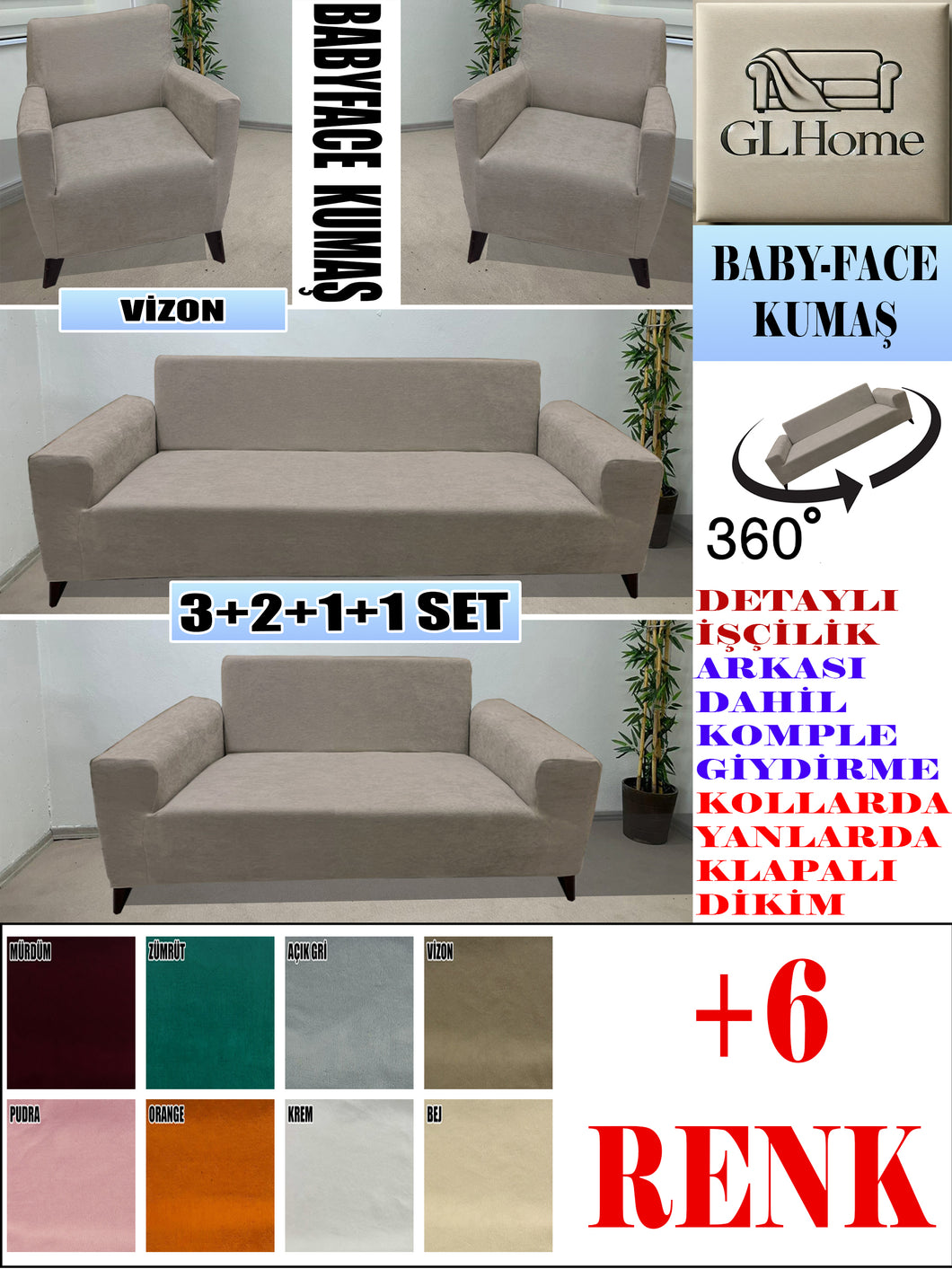 Baby Face  Kumaş Vizon 3+2+1+1 Set Komple Giydirme Kanepe & Çekyat, Bohem, vb Model Koltuk Kılıfları