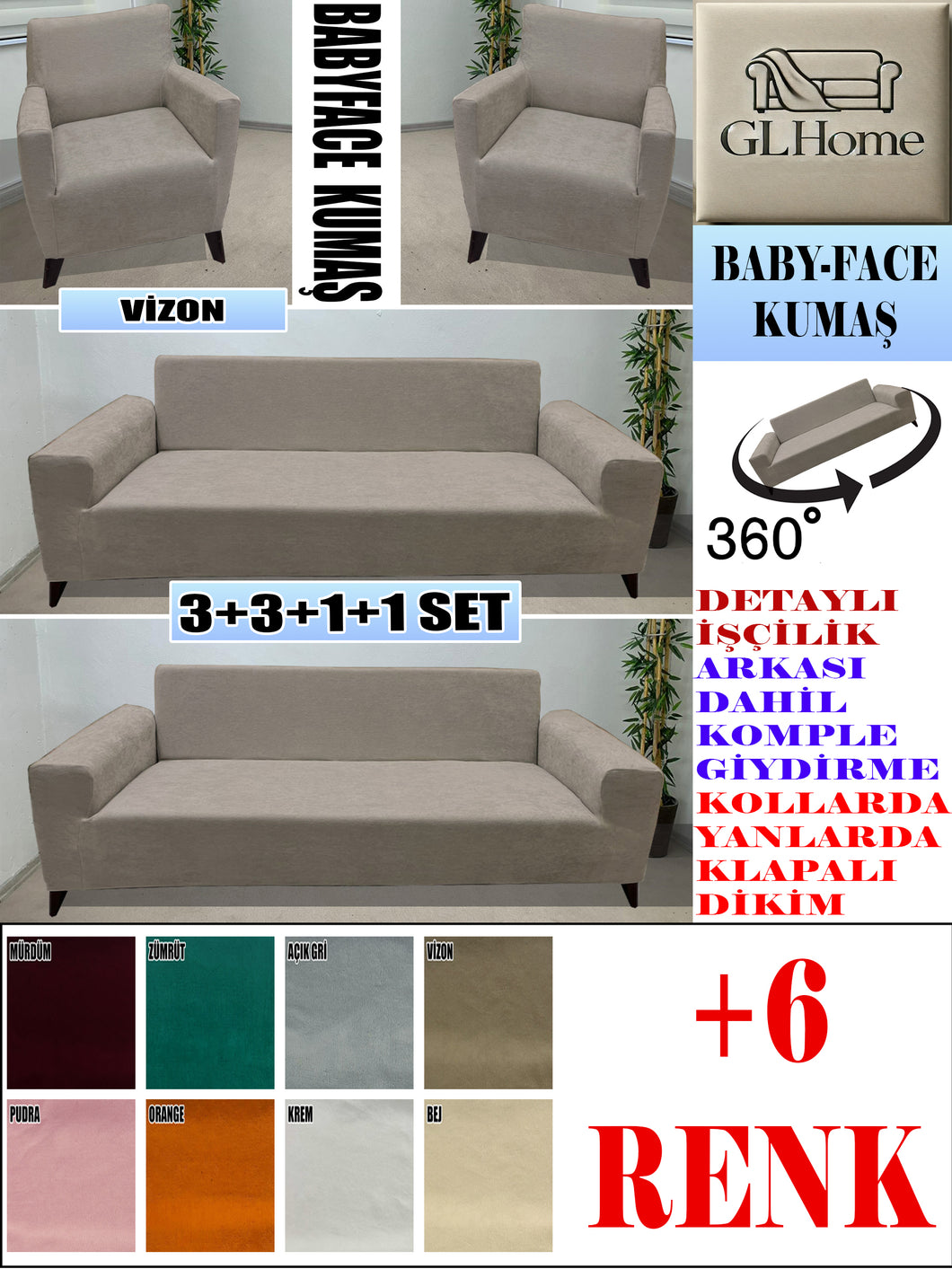 Baby Face  Kumaş Vizon 3+3+1+1 Set Komple Giydirme Kanepe & Çekyat, Bohem, vb Model Koltuk Kılıfları