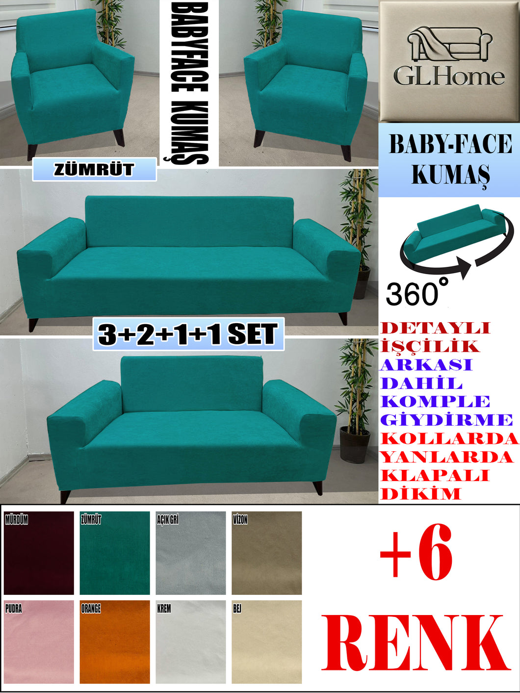 Baby Face  Kumaş Zümrüt 3+2+1+1 Set Komple Giydirme Kanepe & Çekyat, Bohem, vb Model Koltuk Kılıfları