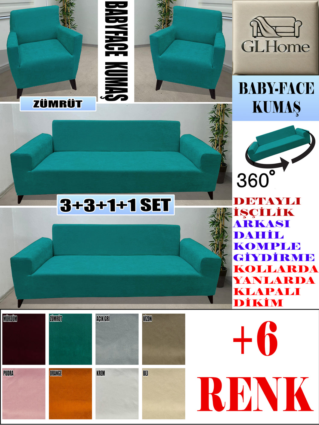 Baby Face  Kumaş Zümrüt 3+3+1+1 Set Komple Giydirme Kanepe & Çekyat, Bohem, vb Model Koltuk Kılıfları