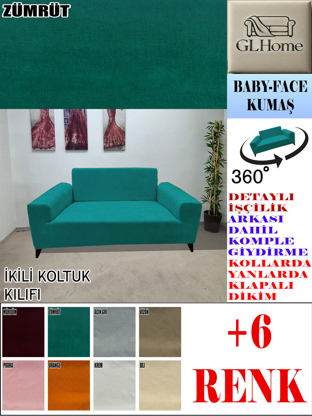 Baby Face  Kumaş Zümrüt Çift Kişilik Komple Giydirme Kanepe, Bohem, vb Model Koltuk Kılıfları