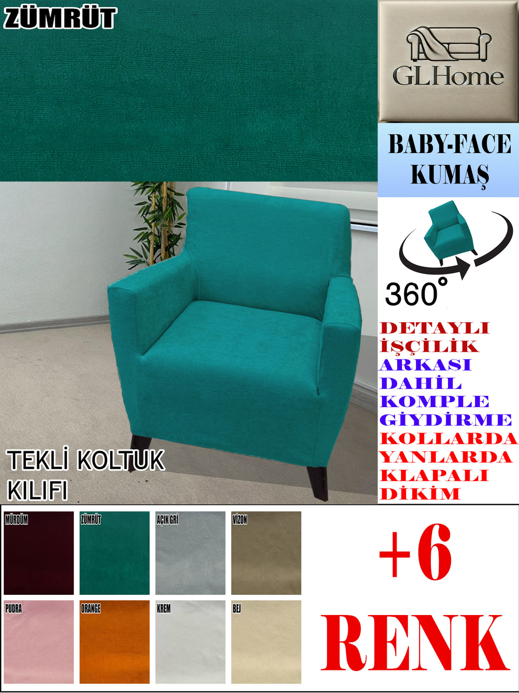 Baby Face Kumaş Zümrüt Tekli Komple Giydirme Tekli & Berjer, Bohem, vb Model Koltuk Kılıfları