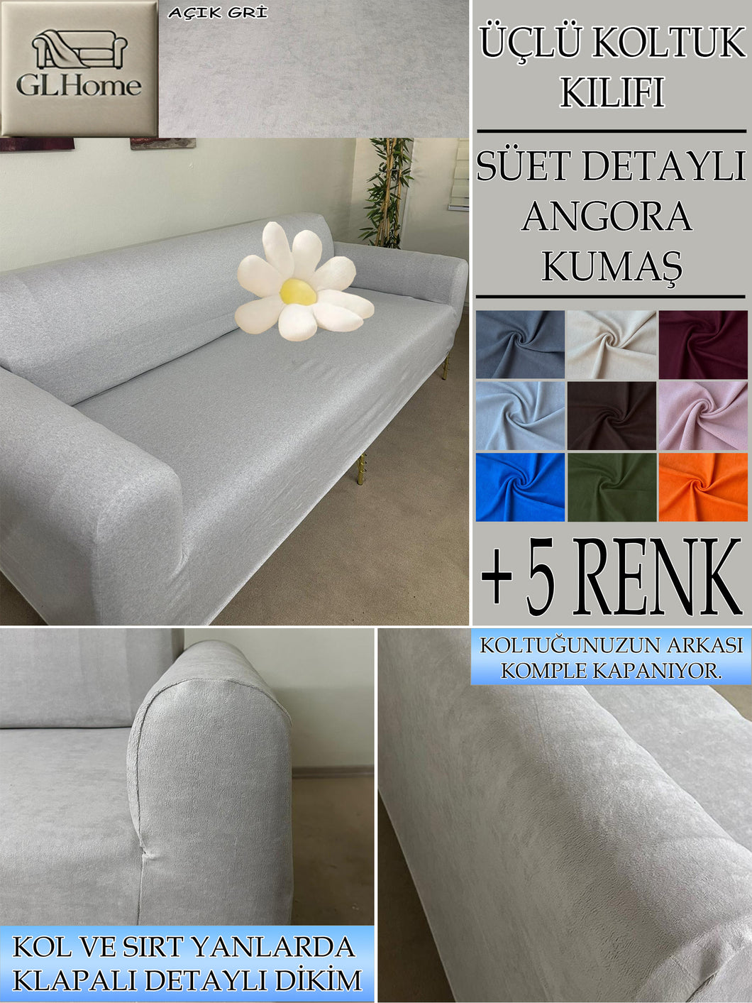 Süet Kumaş Açık Gri 3Lü Komple Giydirme Kanepe & Çekyat, Bohem, Porto, Vb. Model Koltuk Kilifi