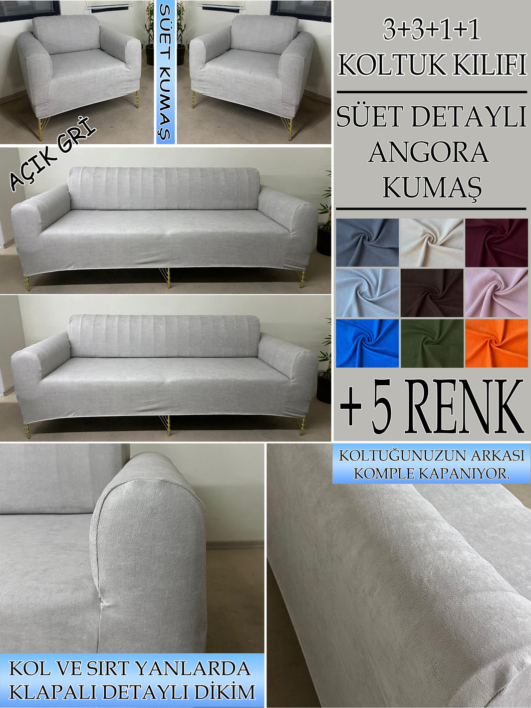 Süet Kumaş Açık Gri  3+3+1+1 Komple Giydirme Kanepe&Çekyat, Bohem, vb. Modeller Koltuk Kılıfı