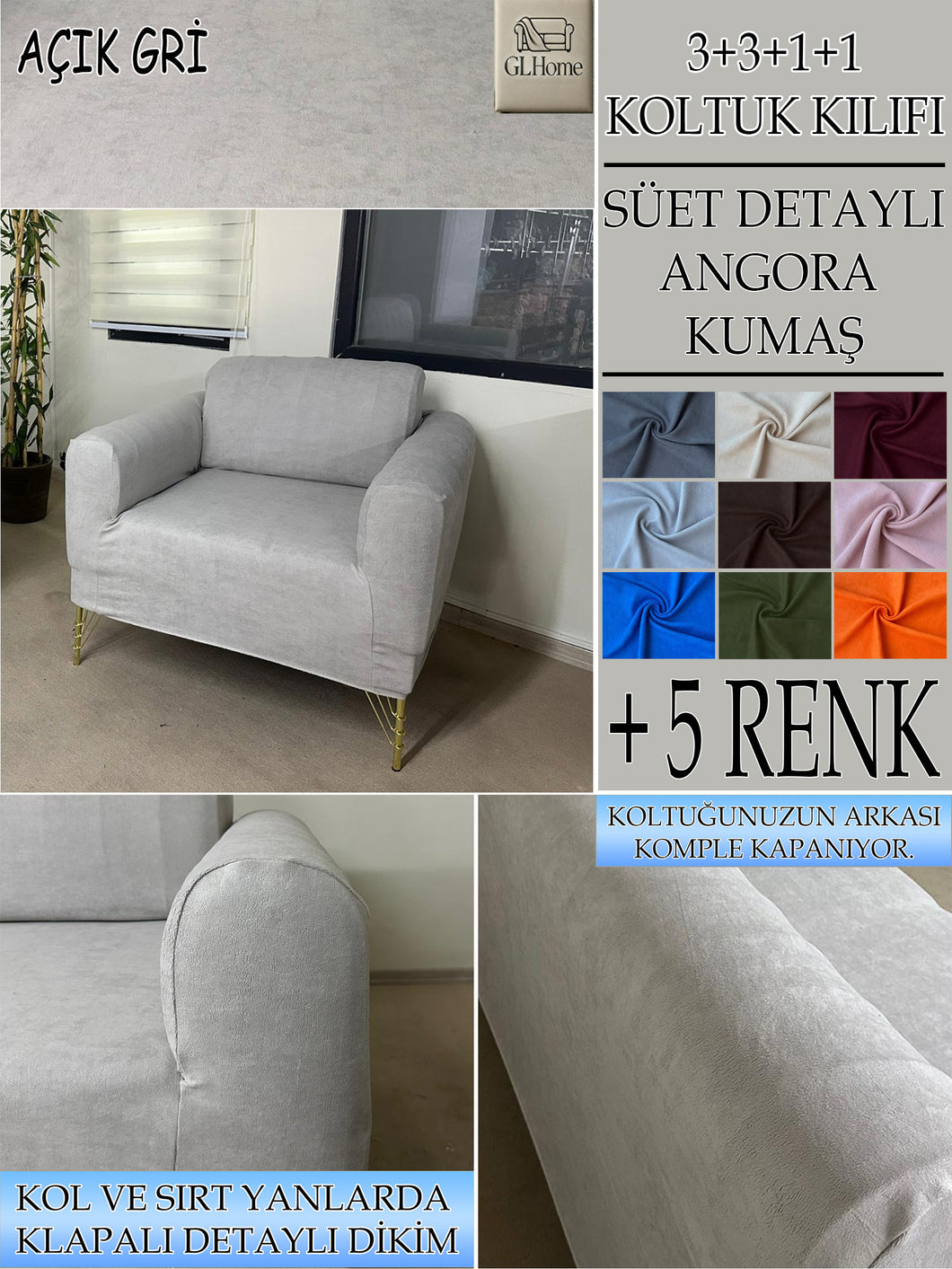 Süet Kumaş Açık Gri Tekli&Berjer Komple Giydirme, Bohem, Porto Model Koltuk Kılıfı