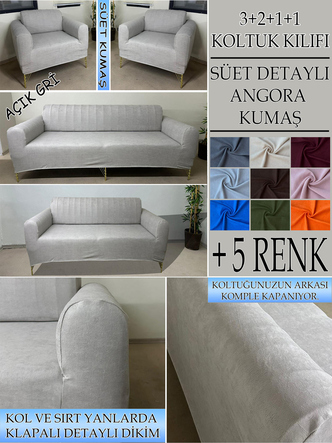 Süet Kumaş Açık Gri 3+2+1+1 Komple Giydirme Kanepe-Çekyat, Bohem, vb. Model Koltuk Kılıfı