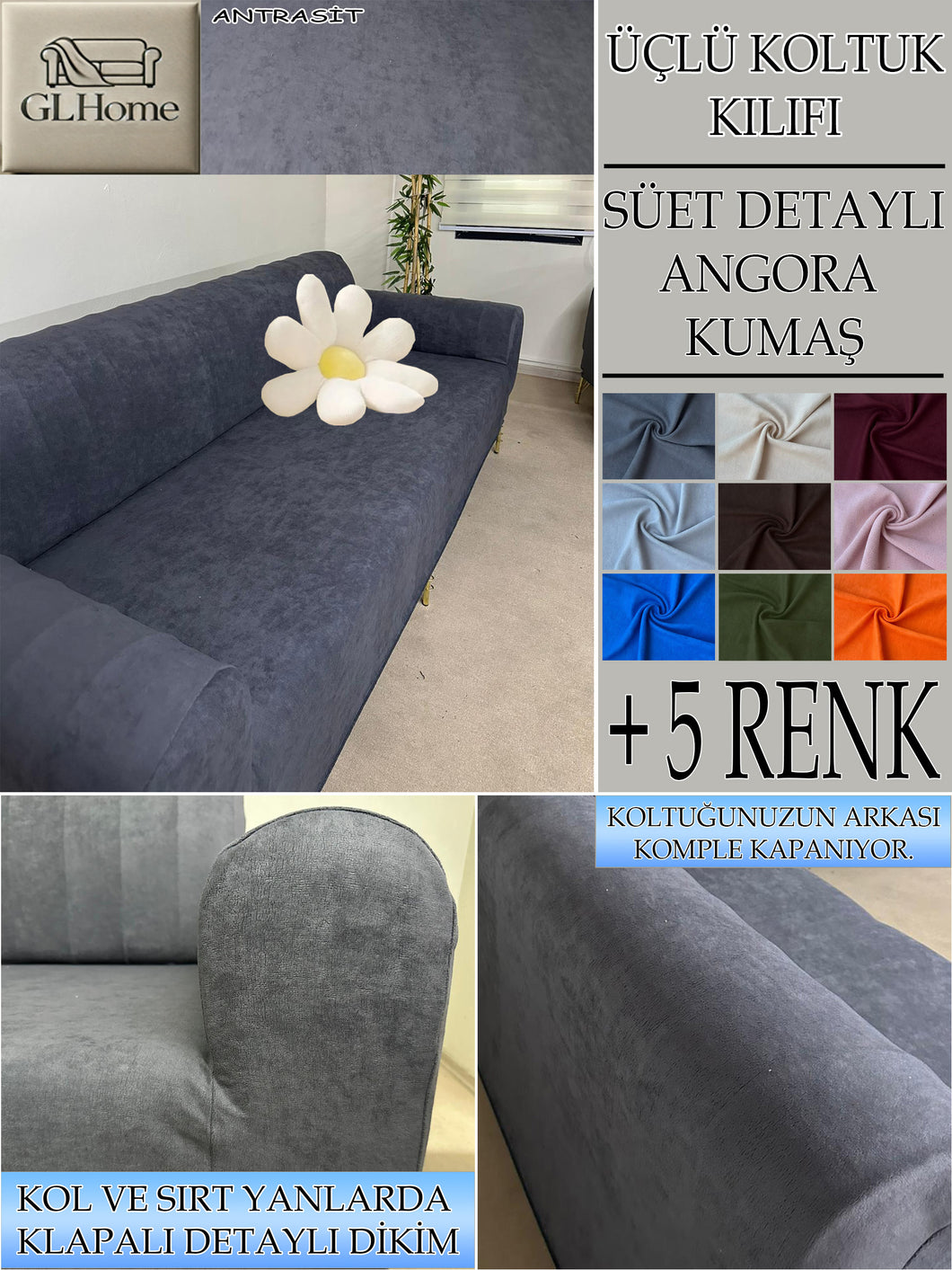 Süet Kumaş Antrasit 3Lü Komple Giydirme Kanepe & Çekyat, Bohem, Porto, Vb. Model Koltuk Kilifi