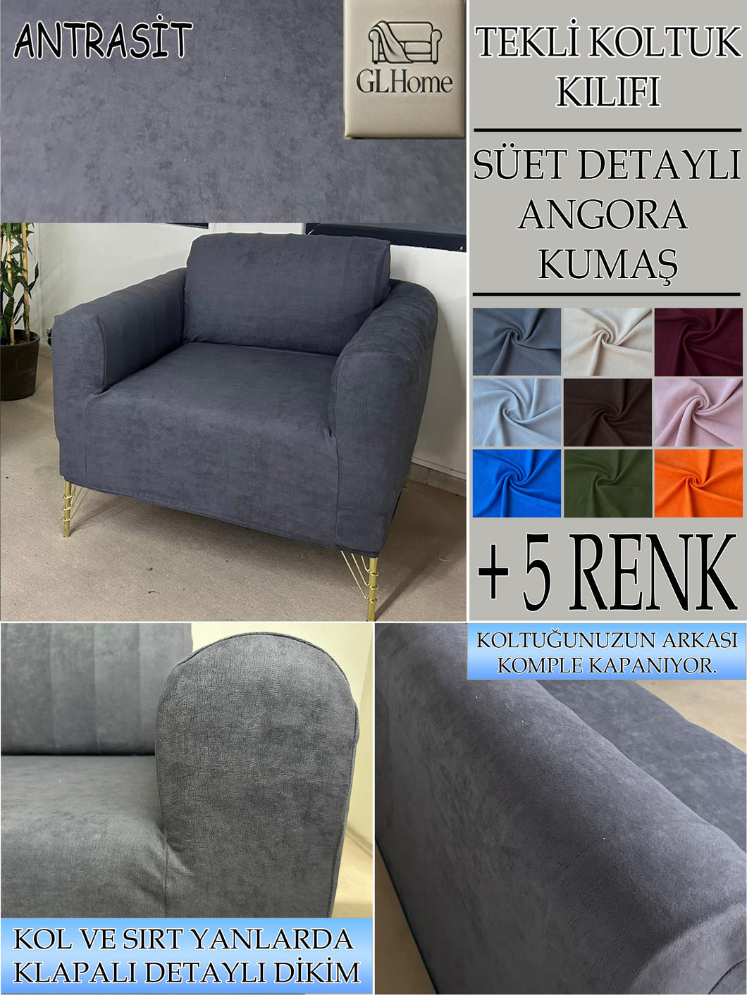 Süet Kumaş Antrasit Tekli&Berjer Komple Giydirme, Bohem, Porto Model Koltuk Kılıfı
