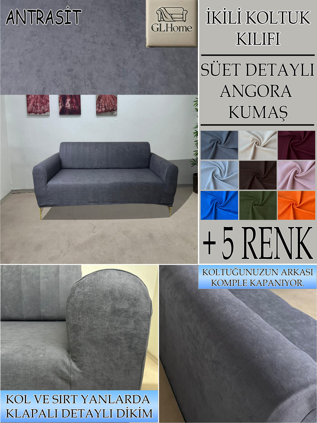 Süet Kumaş Antrasit Çift Kişilik Komple Giydirme 2