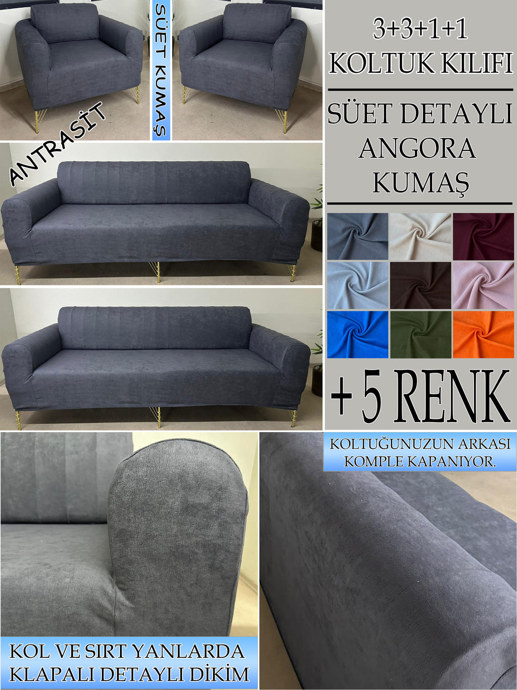 Süet Kumaş Antrasit  3+3+1+1 Komple Giydirme Kanepe&Çekyat, Bohem, vb. Modeller Koltuk Kılıfı