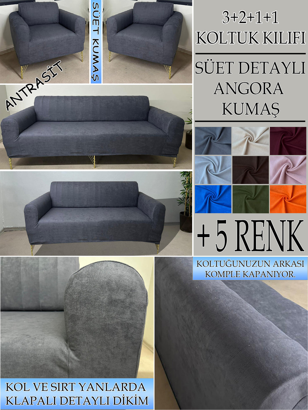 Süet Kumaş Antrasit 3+2+1+1 Komple Giydirme Kanepe-Çekyat, Bohem, vb. Model Koltuk Kılıfı