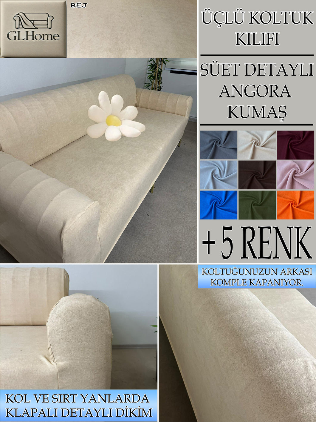 Süet Kumaş Bej 3Lü Komple Giydirme Kanepe & Çekyat, Bohem, Porto, Vb. Model Koltuk Kilifi