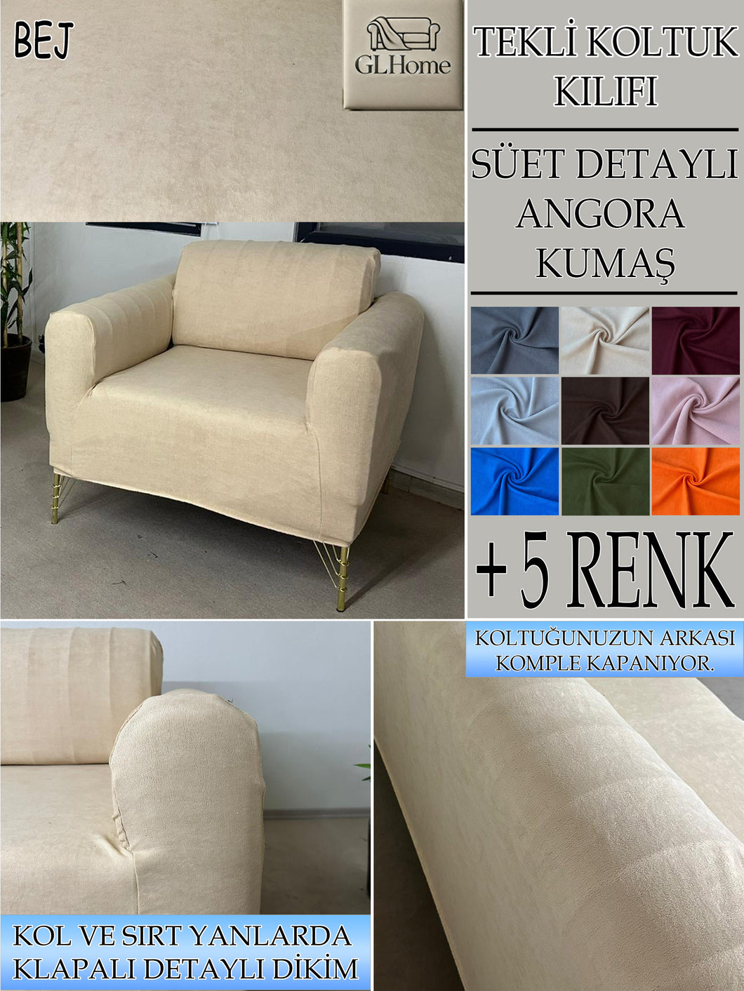 Süet Kumaş Bej Tekli&Berjer Komple Giydirme, Bohem, Porto Model Koltuk Kılıfı