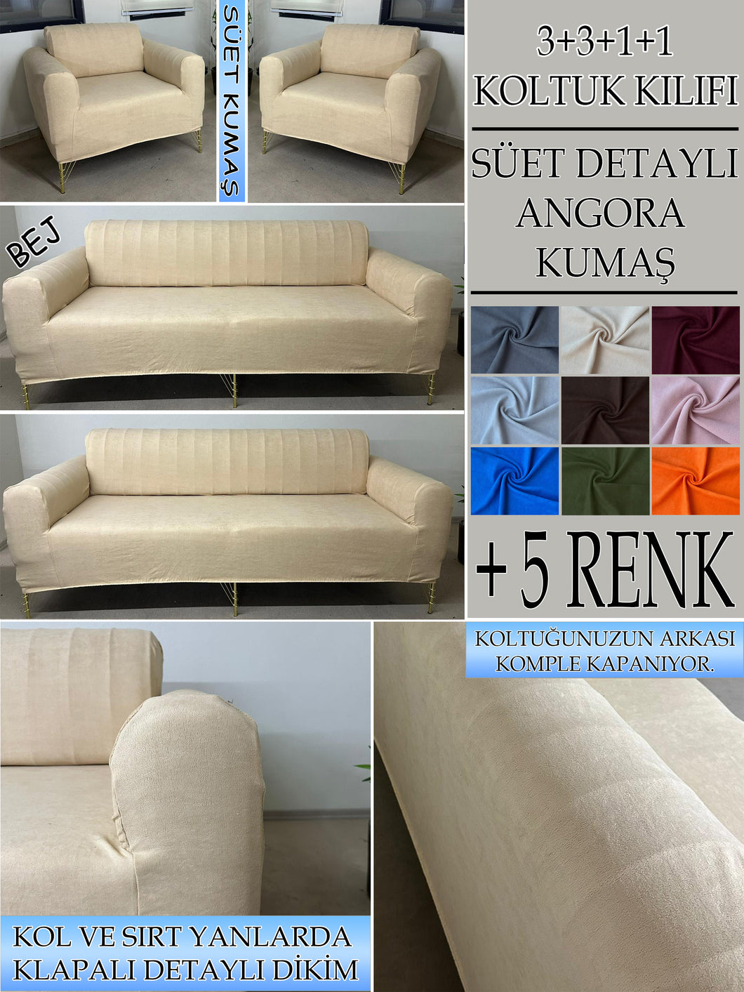 Süet Kumaş Bej  3+3+1+1 Komple Giydirme Kanepe&Çekyat, Bohem, vb. Modeller Koltuk Kılıfı