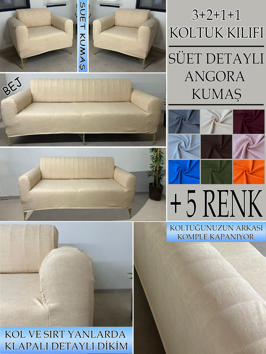 Süet Kumaş Bej 3+2+1+1 Komple Giydirme Kanepe-Çekyat, Bohem, vb. Model Koltuk Kılıfı