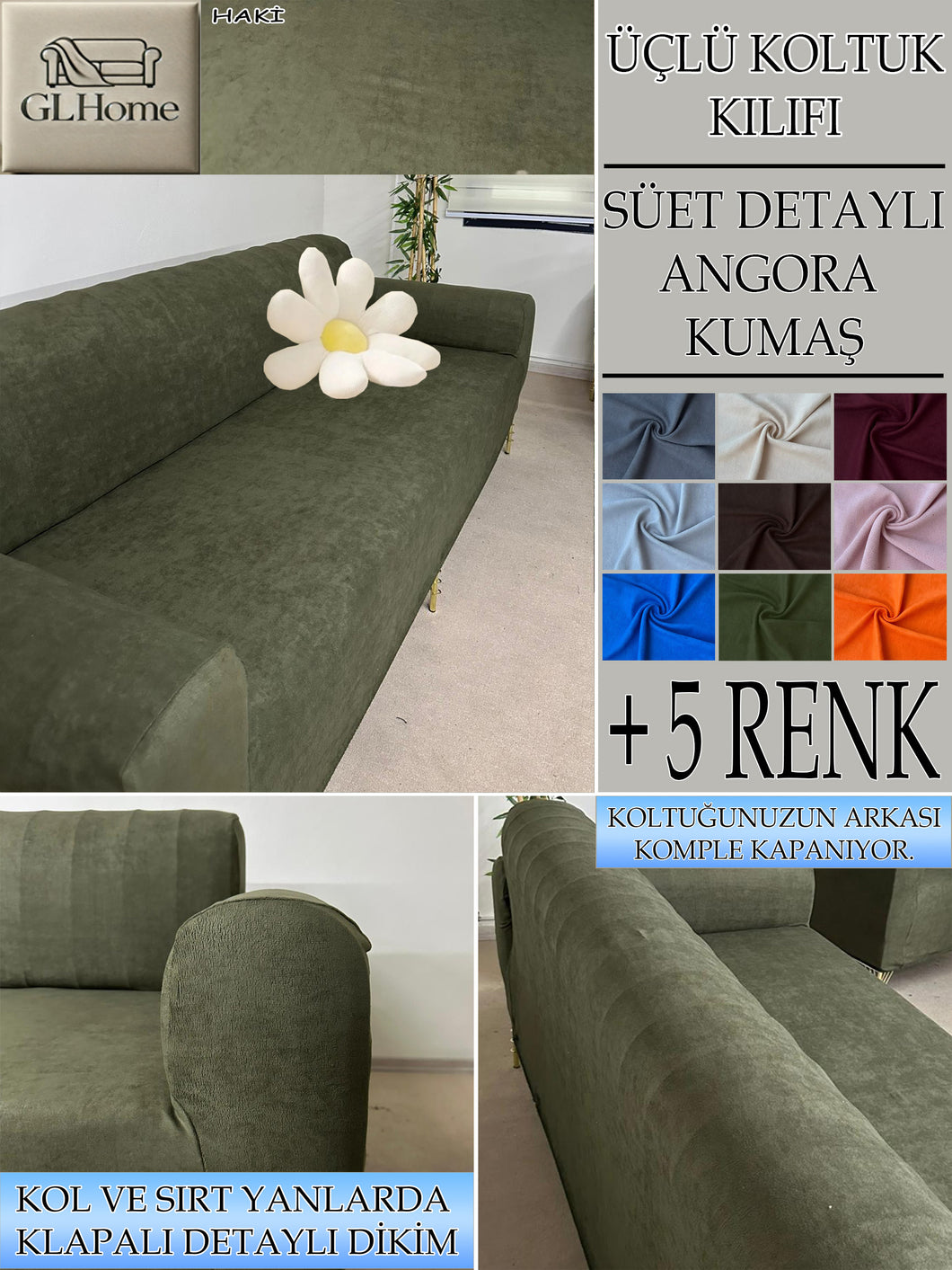 Süet Kumaş Haki 3Lü Komple Giydirme Kanepe & Çekyat, Bohem, Porto, Vb. Model Koltuk Kilifi