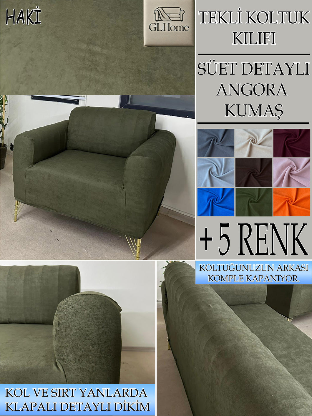 Süet Kumaş Haki Tekli&Berjer Komple Giydirme, Bohem, Porto Model Koltuk Kılıfı