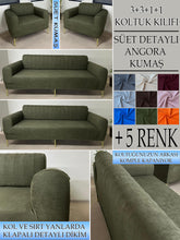 Görseli Galeri görüntüleyiciye yükleyin, Süet Kumaş Haki 3+3+1+1 Komple Giydirme Kanepe&amp;Çekyat, Bohem, vb. Modeller Koltuk Kılıfı
