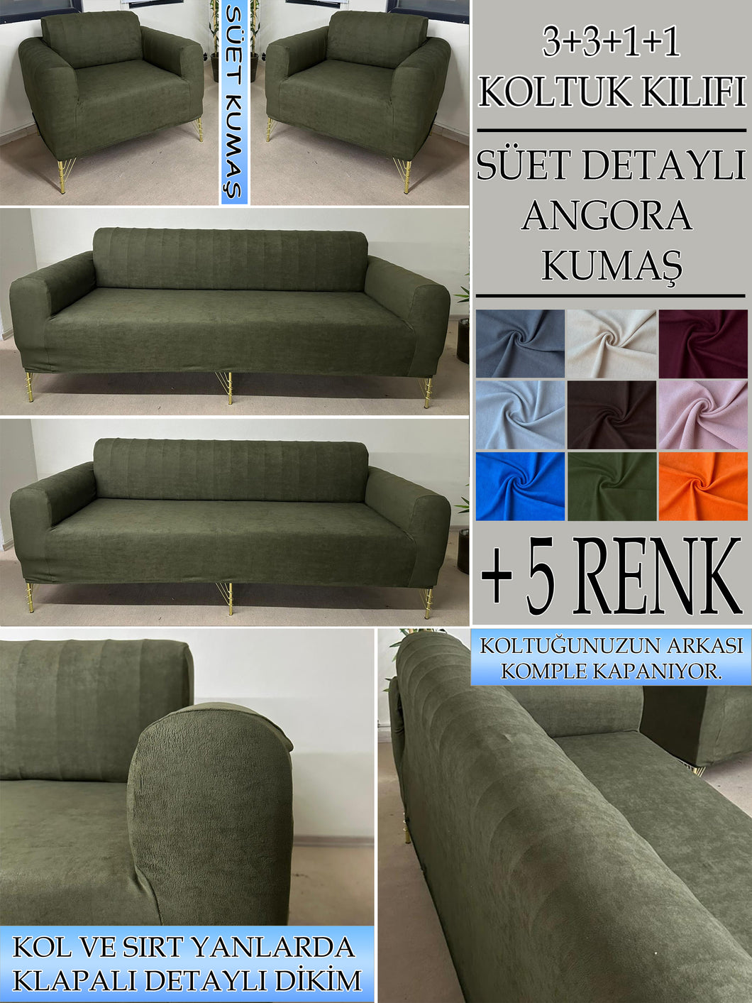 Süet Kumaş Haki 3+3+1+1 Komple Giydirme Kanepe&Çekyat, Bohem, vb. Modeller Koltuk Kılıfı