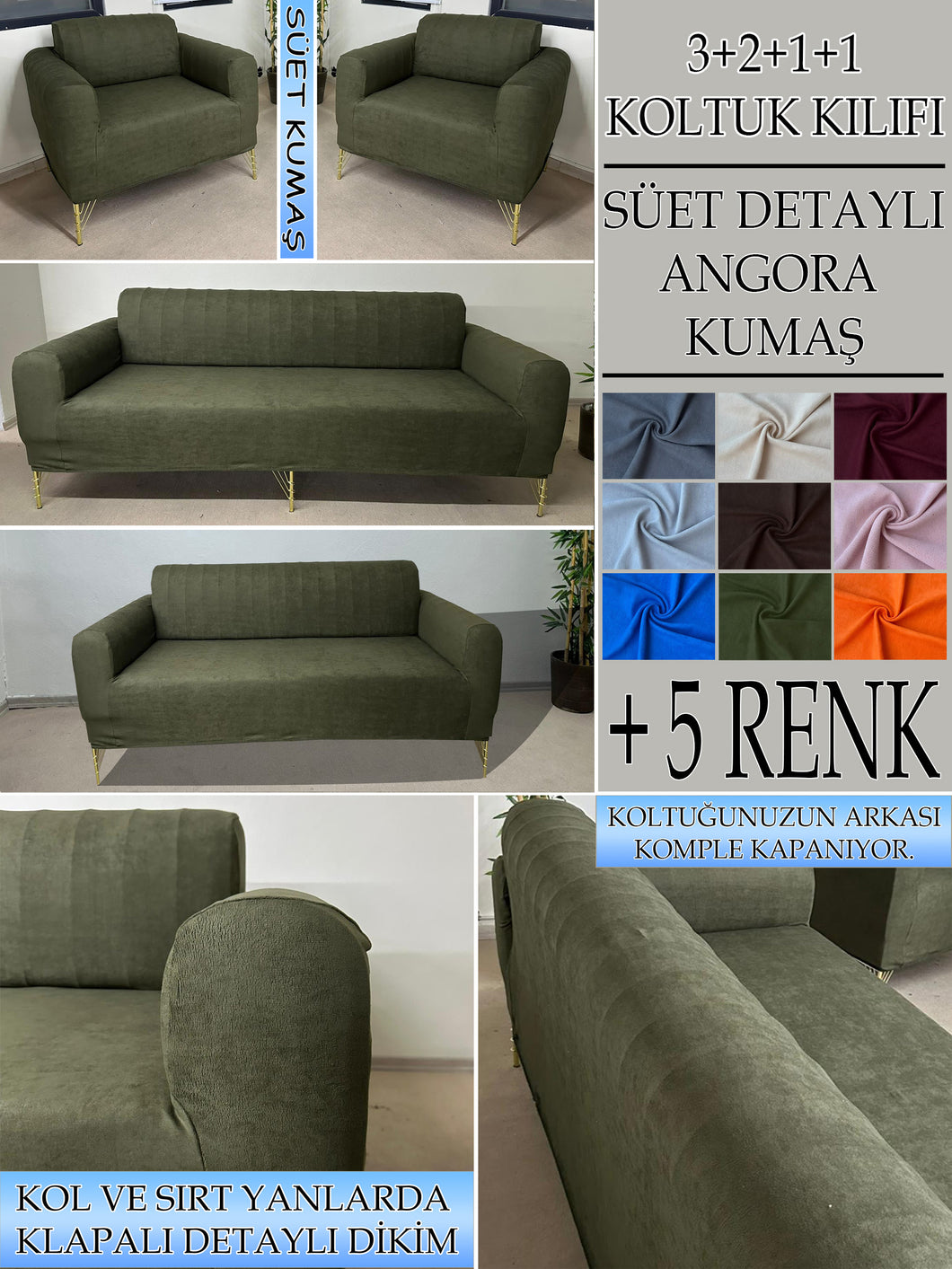 Süet Kumaş Haki 3+2+1+1 Komple Giydirme Kanepe-Çekyat, Bohem, vb. Model Koltuk Kılıfı