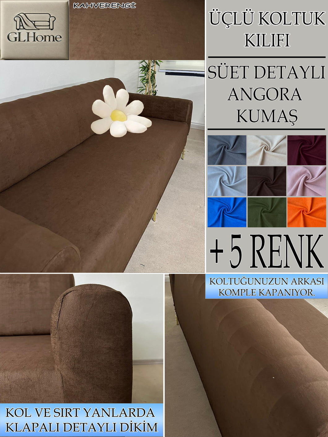 Süet Kumaş Kahverengi 3Lü Komple Giydirme Kanepe & Çekyat, Bohem, Porto, Vb. Model Koltuk Kilifi