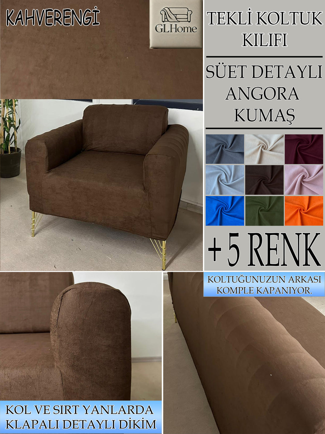 Süet Kumaş Kahverengi Tekli&Berjer Komple Giydirme, Bohem, Porto Model Koltuk Kılıfı
