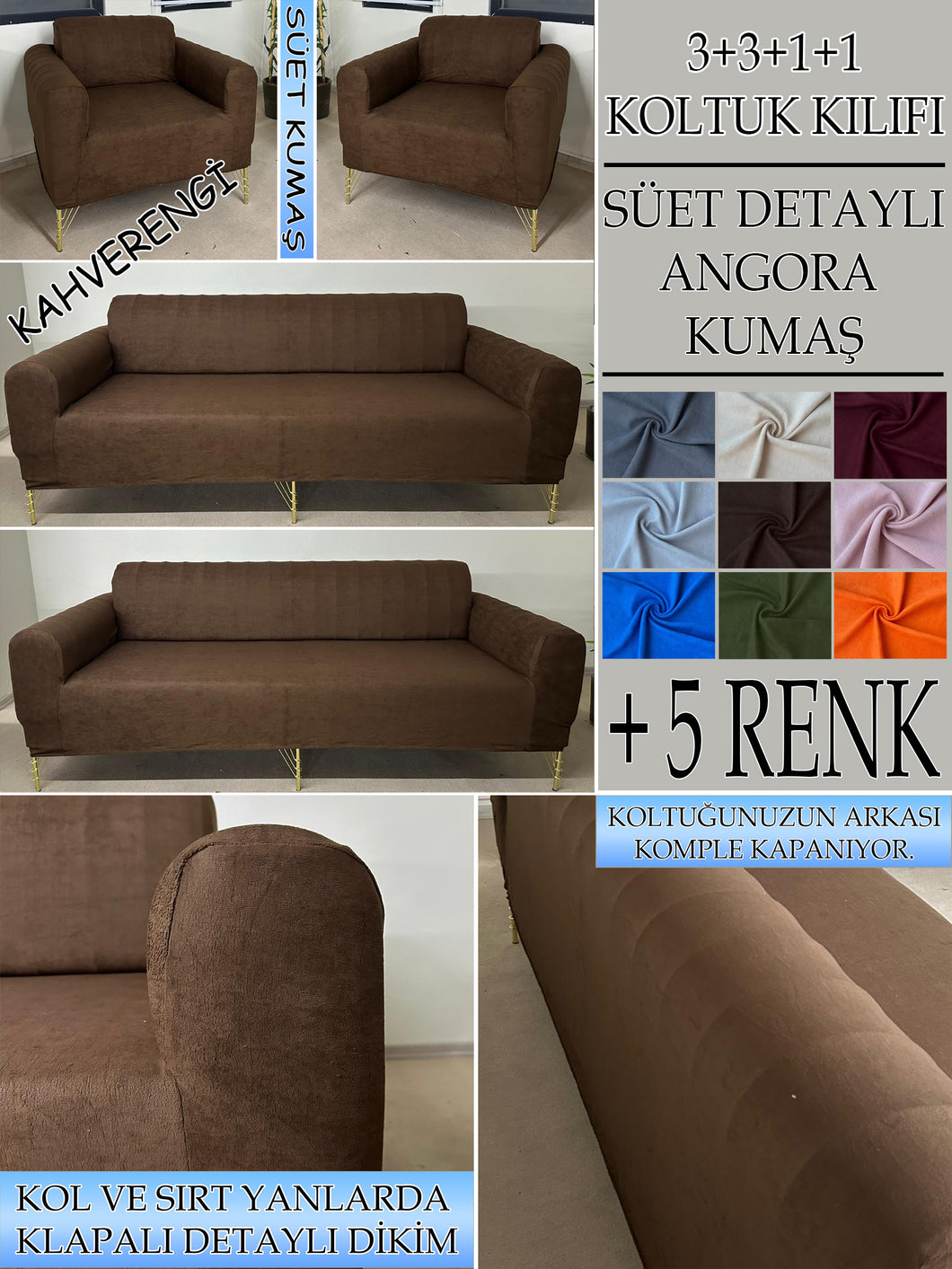 Süet Kumaş Kahverengi 3+3+1+1 Komple Giydirme Kanepe&Çekyat, Bohem, vb. Modeller Koltuk Kılıfı