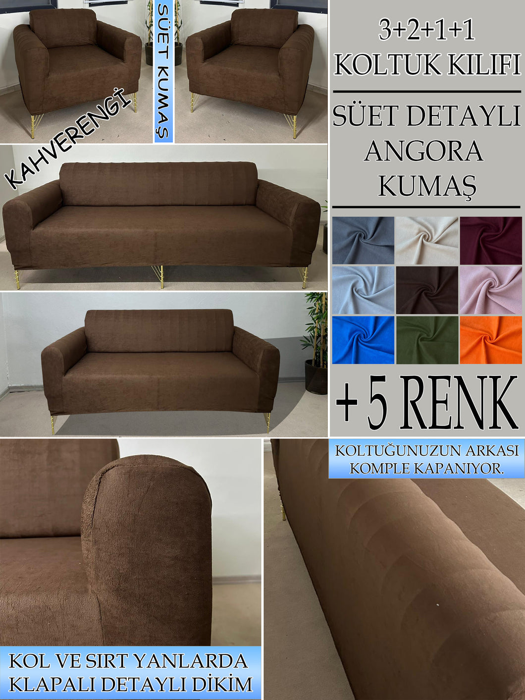 Süet Kumaş Kahverengi 3+2+1+1 Komple Giydirme Kanepe-Çekyat, Bohem, vb. Model Koltuk Kılıfı