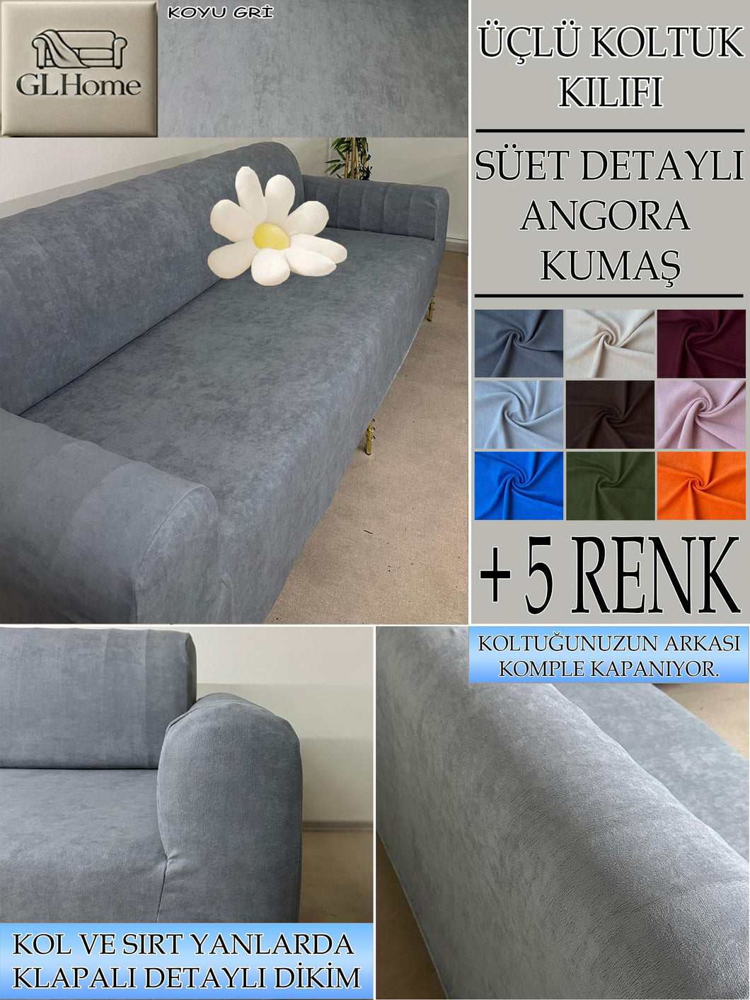Süet Kumaş Koyu Gri 3Lü Komple Giydirme Kanepe & Çekyat, Bohem, Porto, Vb. Model Koltuk Kilifi