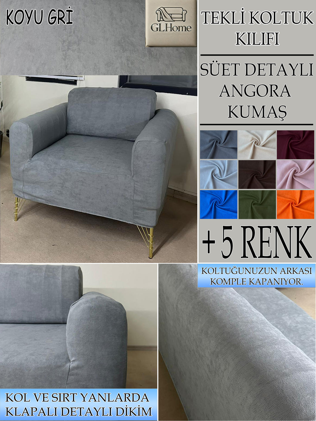 Süet Kumaş Koyu Gri Tekli&Berjer Komple Giydirme, Bohem, Porto Model Koltuk Kılıfı