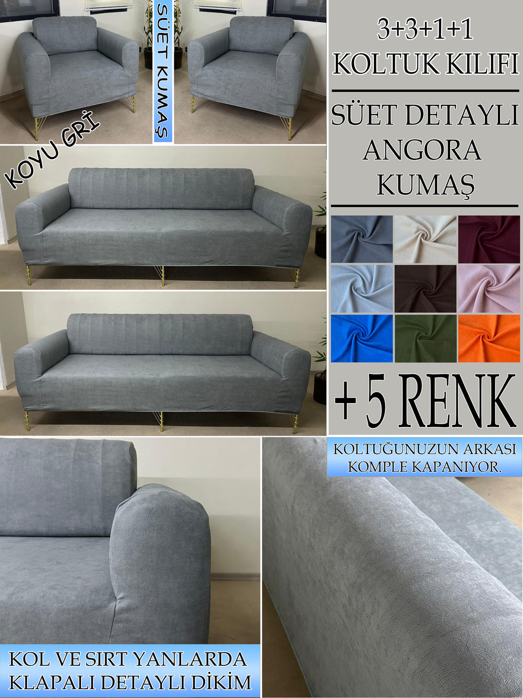 Süet Kumaş Koyu Gri 3+3+1+1 Komple Giydirme Kanepe&Çekyat, Bohem, vb. Modeller Koltuk Kılıfı
