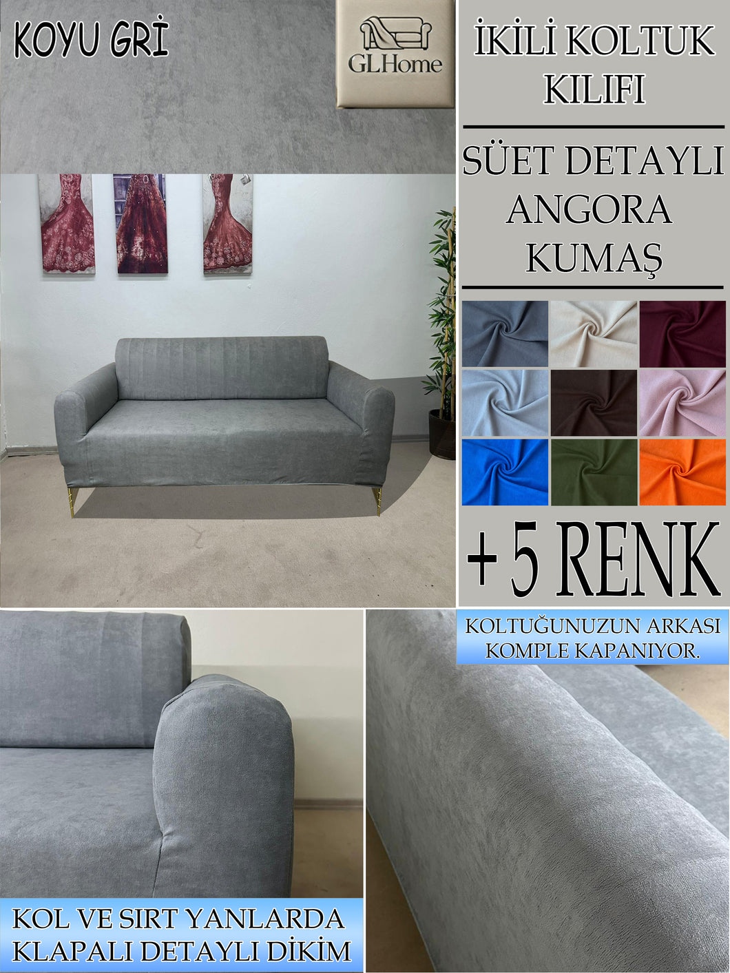 Süet Kumaş Koyu Gri Çift Kişilik Komple Giydirme 2