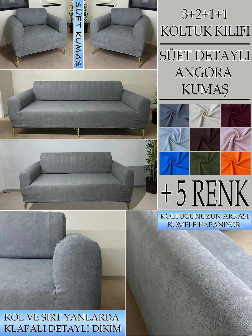 Süet Kumaş Koyu Gri 3+2+1+1 Komple Giydirme Kanepe-Çekyat, Bohem, vb. Model Koltuk Kılıfı