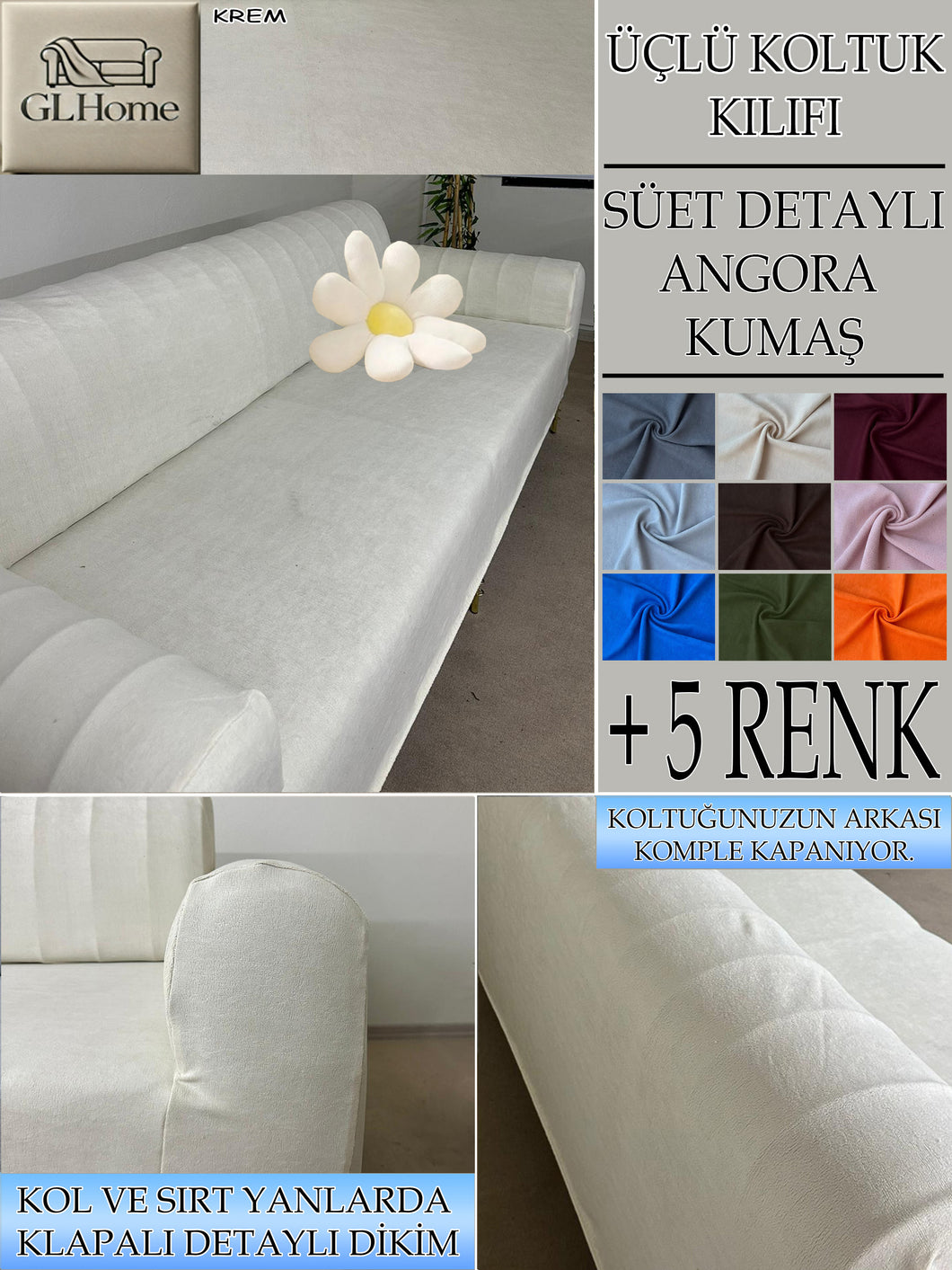 Süet Kumaş Krem 3Lü Komple Giydirme Kanepe & Çekyat, Bohem, Porto, Vb. Model Koltuk Kilifi